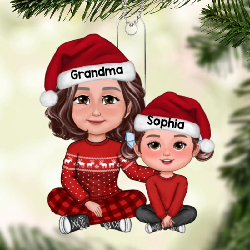 Cute Grandma Granddaughter Grandson Embracing Crossed Legs Personalized Acrylic Ornament