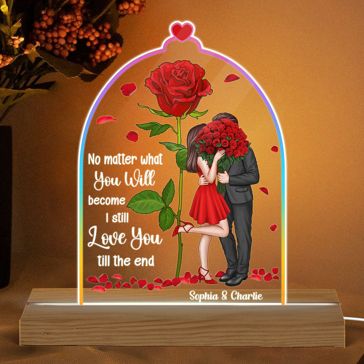 Standing Couple Kissing Rose Personalized Dome Shaped Acrylic LED Night Light