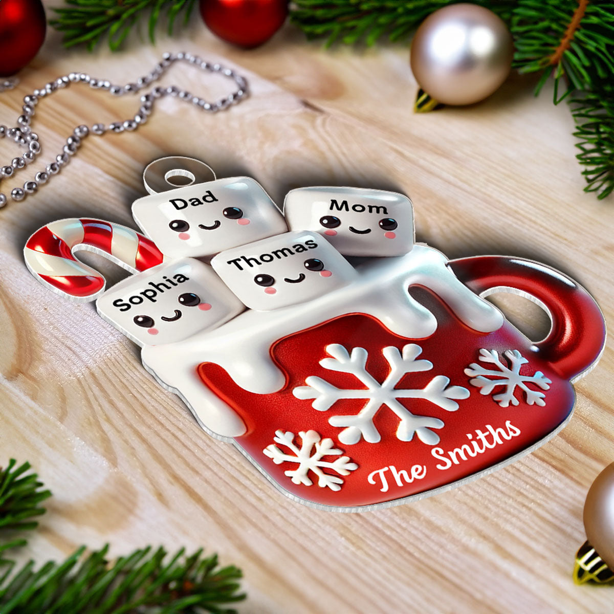 3D Effect Marshmallow Hot Cocoa Family Christmas Personalized Acrylic Ornament