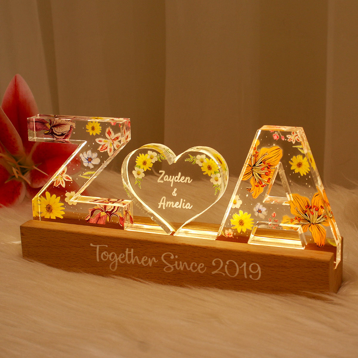 Couple Initial Letter, Flower Birth Month, Personalized LED Night Light, Romantic  Gift for her, Gift for him