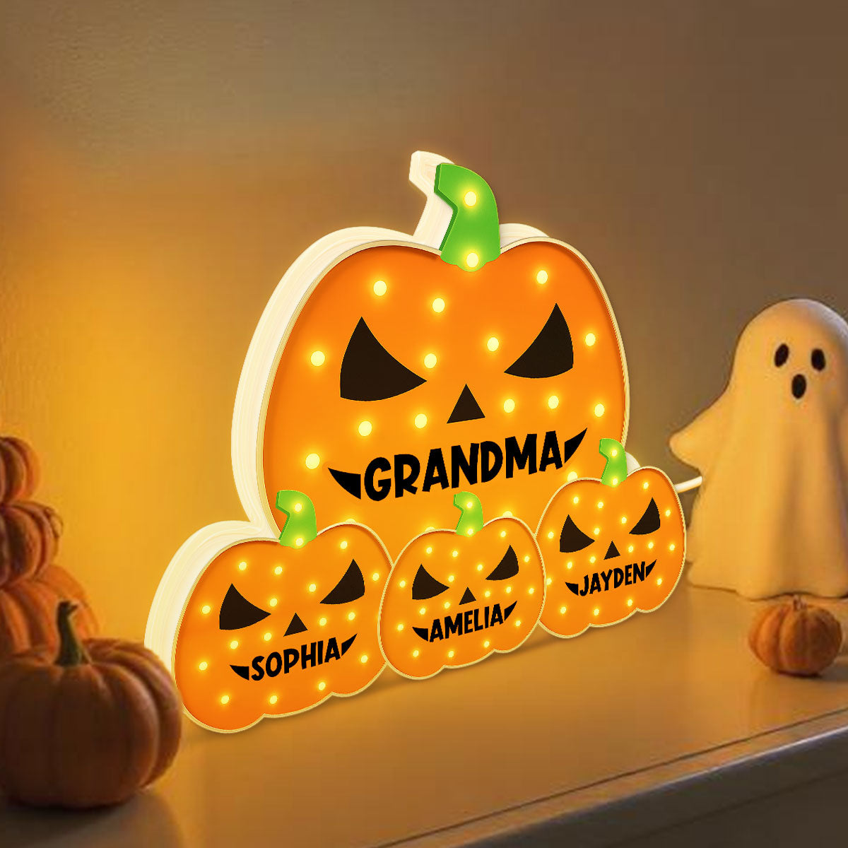 3D Effect Marquee Pattern Halloween Grandma And Grandkids Pumpkins - Personalized Light Box - Gift For Grandmas