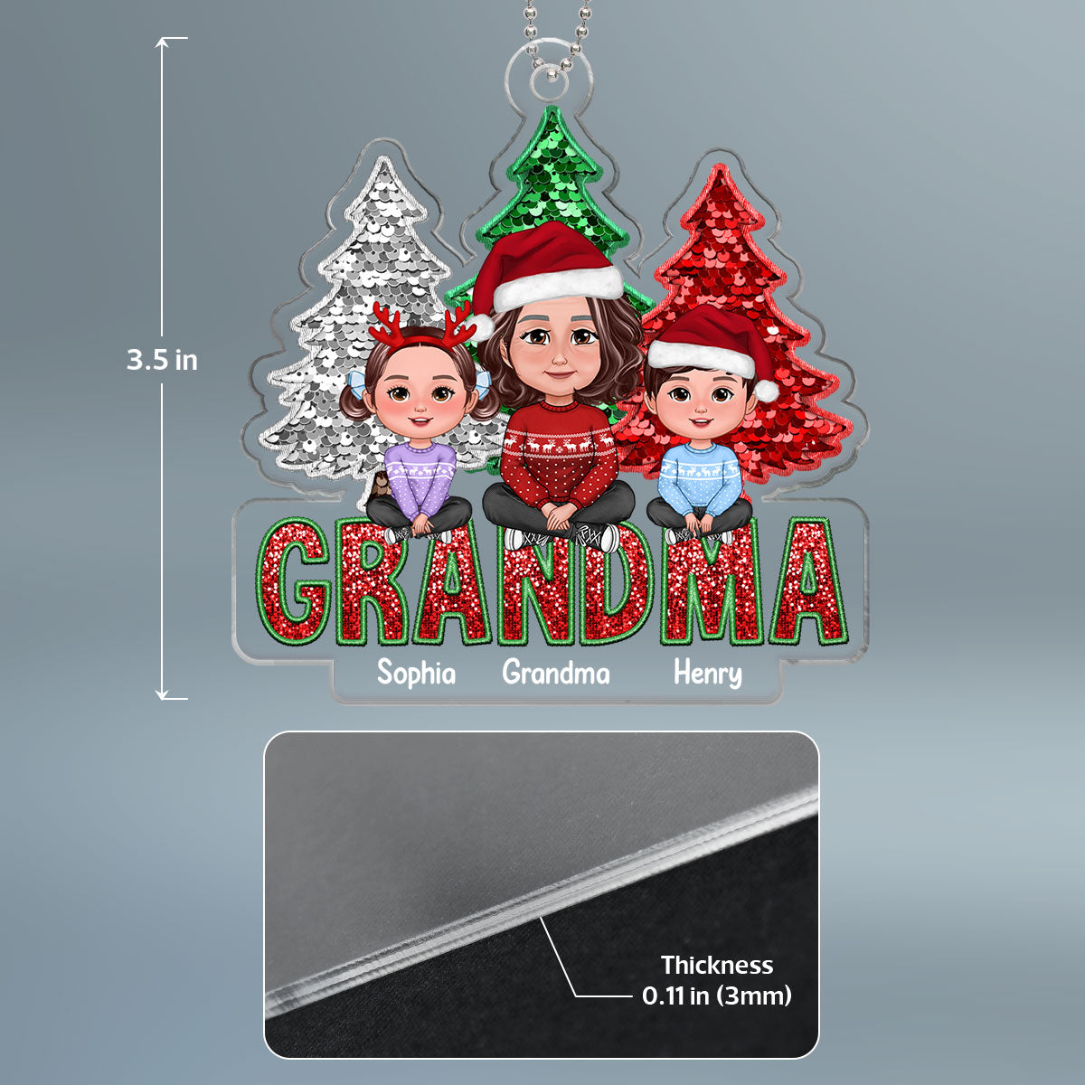 Faux Sequin Red Green Christmas Grandma & Grandkids Sitting On Word Personalized Acrylic Ornament
