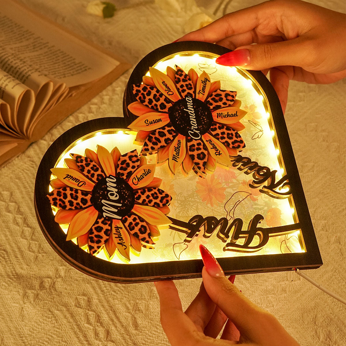Sunflowers First Mom Now Grandma Personalized Heart 2-Layer Wooden Plaque With LED
