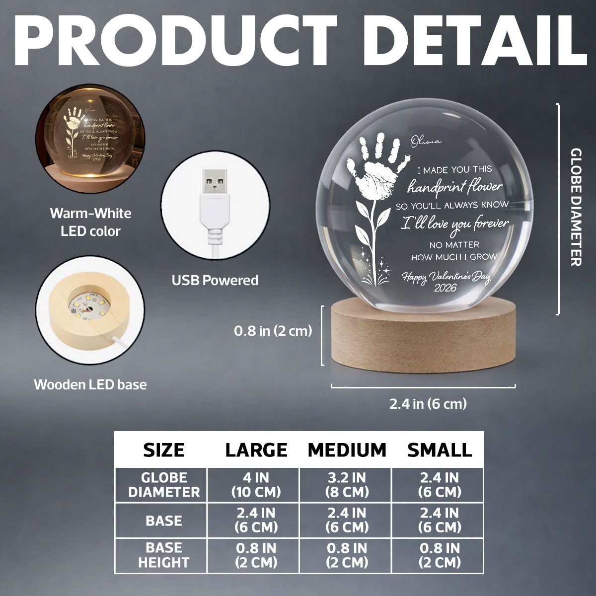 Valentine Day Handprint Art Craft - Personalized Crystal Ball LED Night Light - Anniversary, Valentine's Day Gift, Gift For Him, Gift For Her