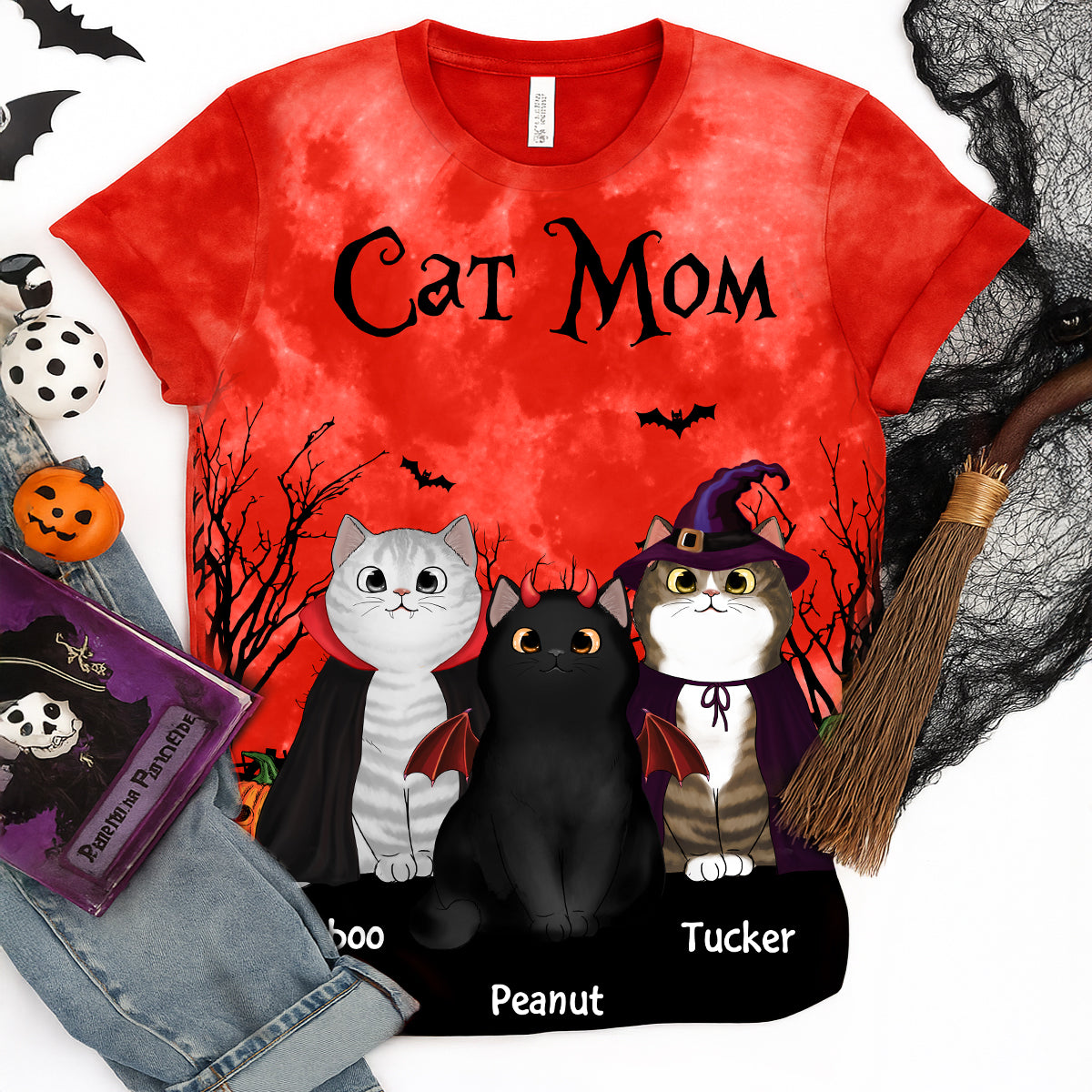 Cat Mom Halloween Moon Light Bat Tree Witchy Theme Personalized Shirt, Purrfect Costume for Cat Lover