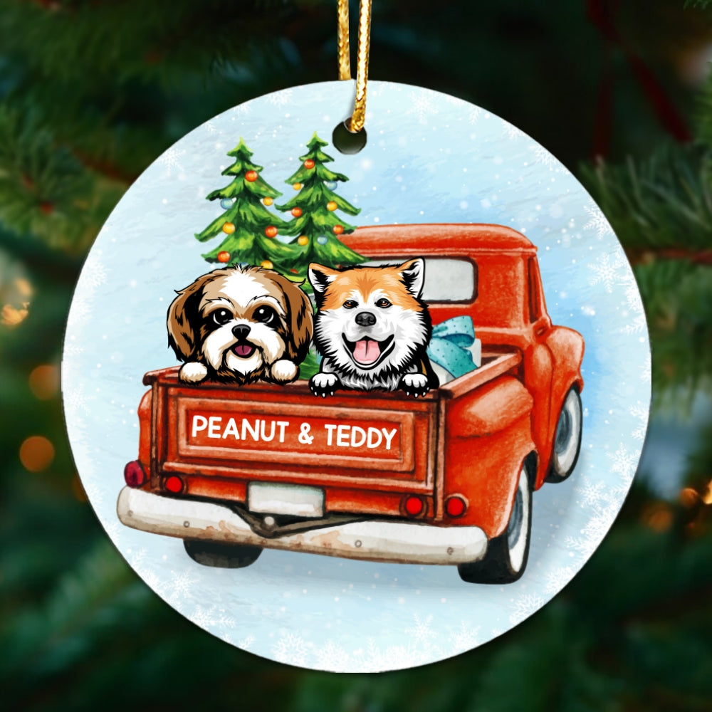 Peeking Dogs Red Truck Christmas Personalized Circle Ornament