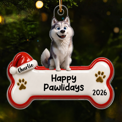 Happy Pawlidays Cartoon Dog 3D Effect - Personalized Acrylic Ornament - Christmas Decor For Dog Lovers