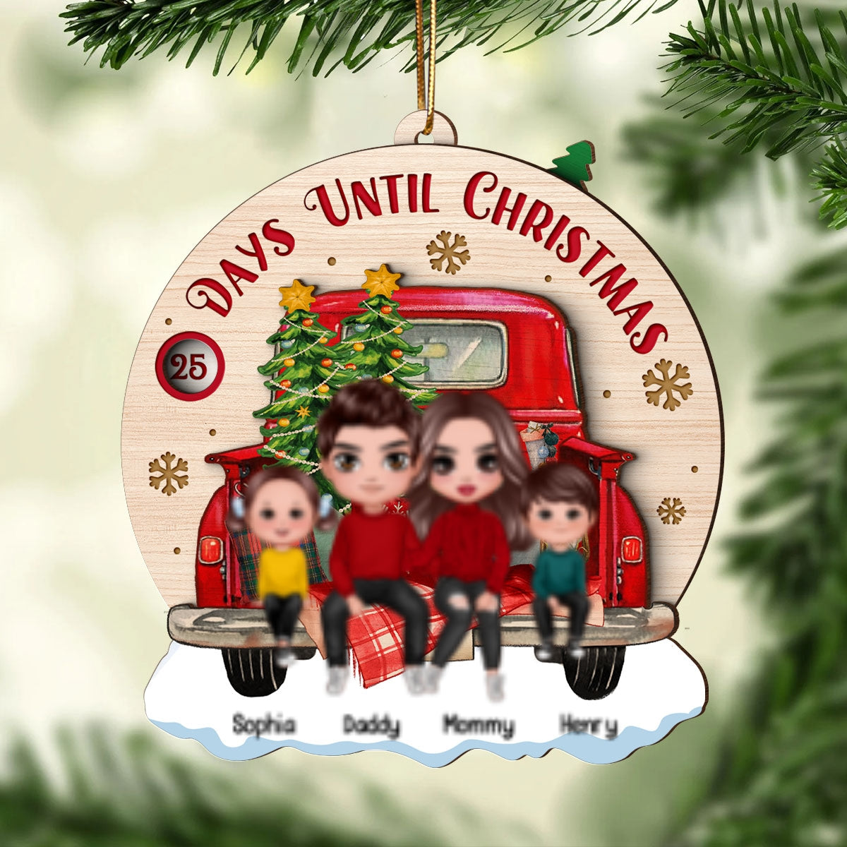 Family Couple On Christmas Truck Personalized Wooden Countdown Ornament