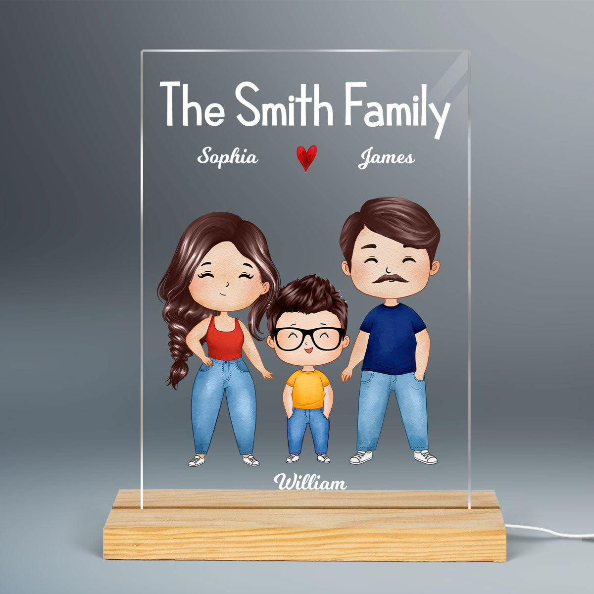 Happy Whole Family Watercolor Styles Couple Dad Mom Kids Dogs Cats Sitting Personalized Rectangle Acrylic Plaque LED Night Light