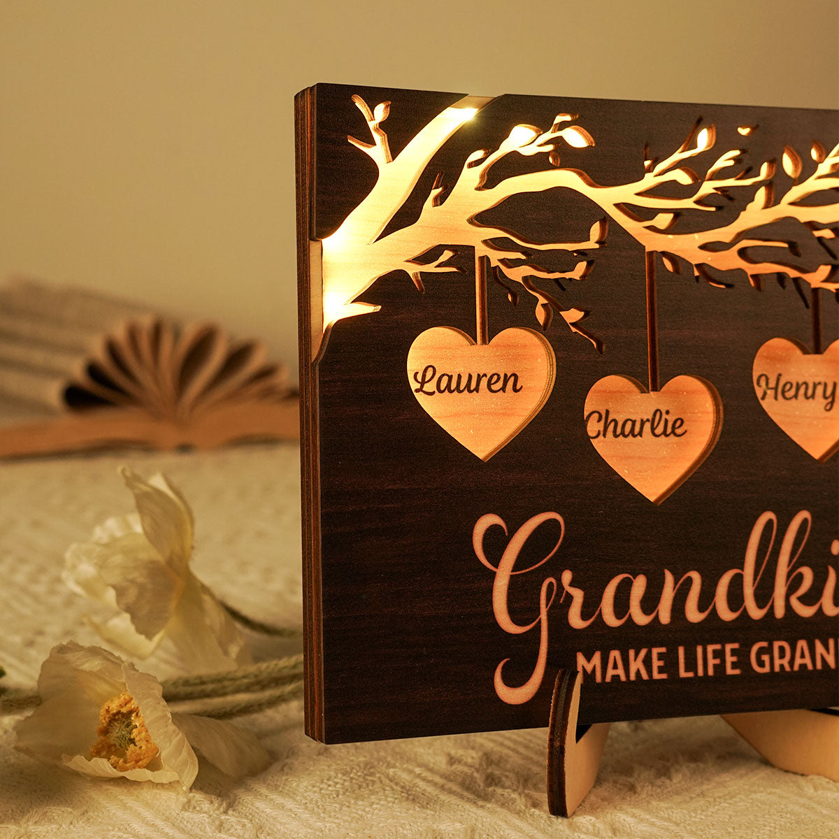 Grandkids Make Life Grandma Engraved Tree With Hearts Personalized 2-Layer Wooden Plaque With LED