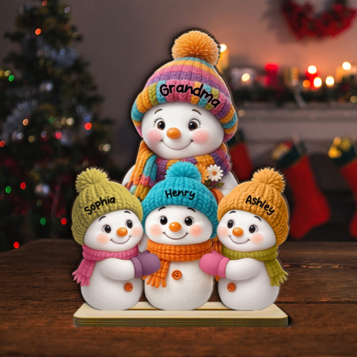 Snowman Grandma and Grandkids - Personalized Wooden Plaque - Fireplace Decor, Christmas Table Centerpiece