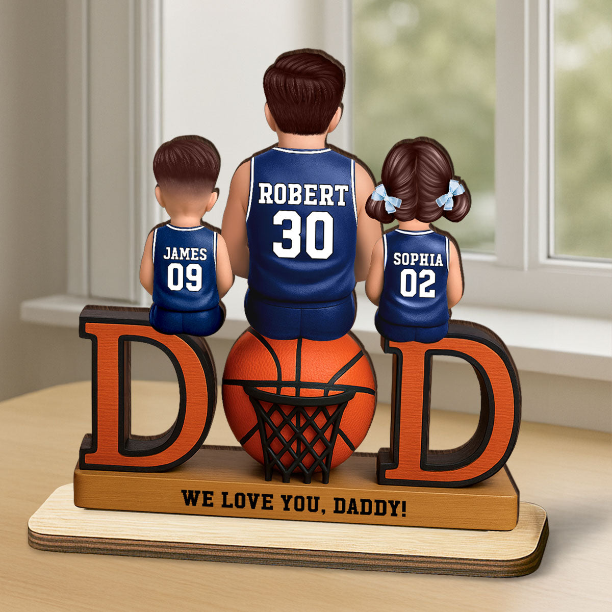 Basketball Dad And Kids Sitting Personalized 2-Layer Standing Wooden Plaque, Father's Day Gift for Dads
