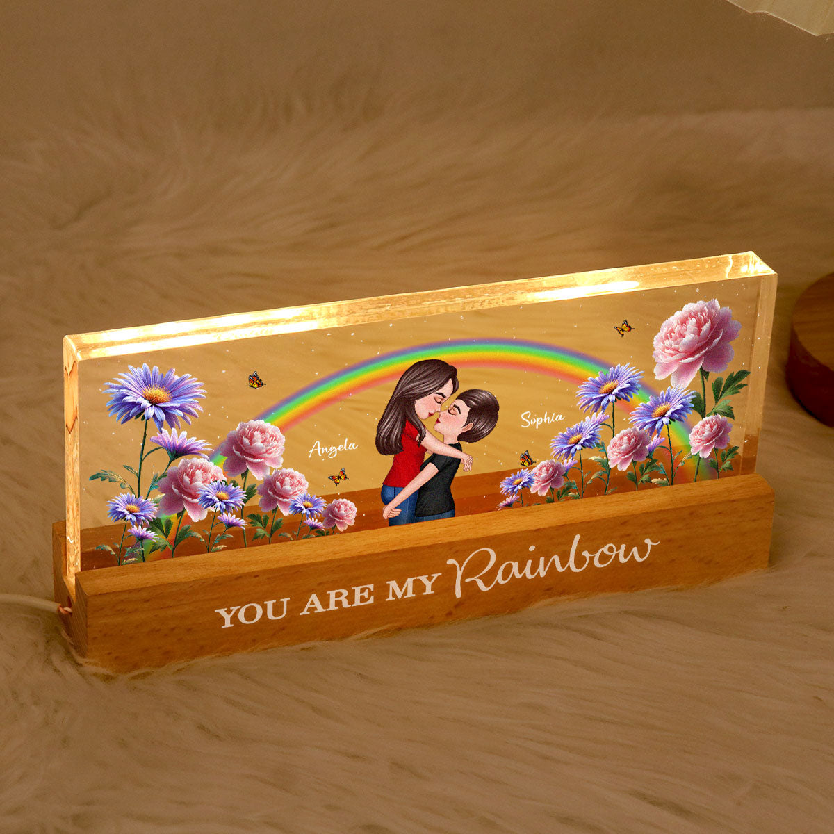 LGBTQ Couple Hugging Kising Birth Month Flower Personalized Acrylic Block LED Night Light