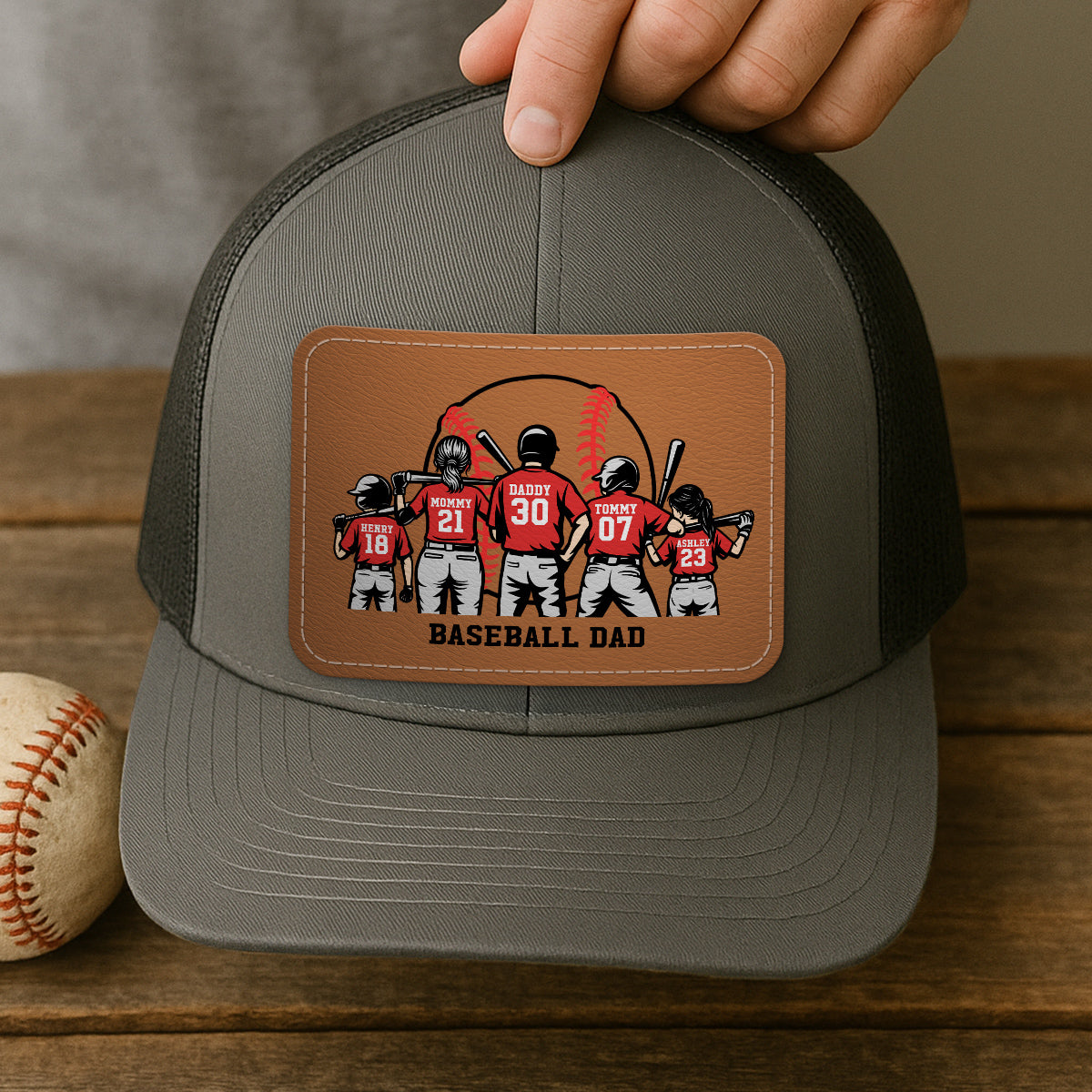 Baseball Dad And Kids Back View Silhoutte Personalized Leather Pacth Hat, Father's Day gift