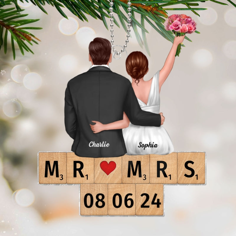 Wedding Couple Groom Bride Sitting On Puzzle Personalized Acrylic Ornament, Christmas Gift for Him for Her