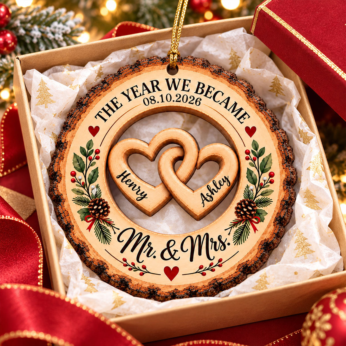 The Year We Became Mr. & Mrs. Custom Names - Personalized Wooden Ornament - Wedding Keepsake, Christmas Gift For Couples, Newlyweds