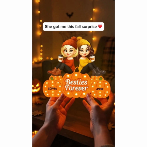 Fall Season Besties Sitting On Marquee Pattern Texture Pumpkins Personalized LED Light Box, Fall Gift For Best Friends
