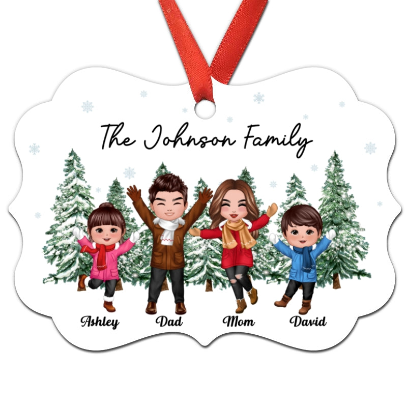 Christmas Tree Background Happy Doll Family Personalized Christmas Ornament