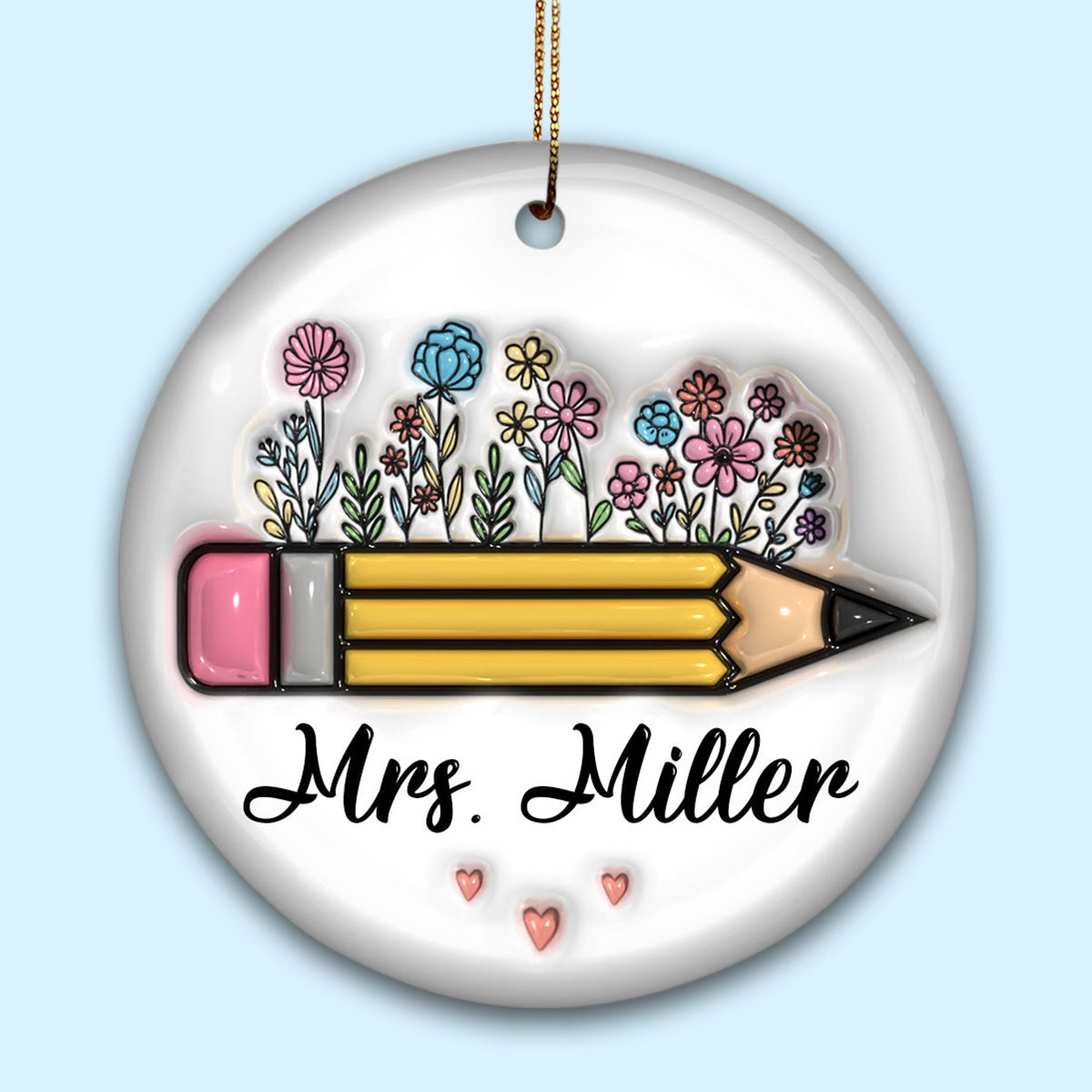Teacher Things Pencil Apple 3D Inflated Personalized Ceramic Ornament