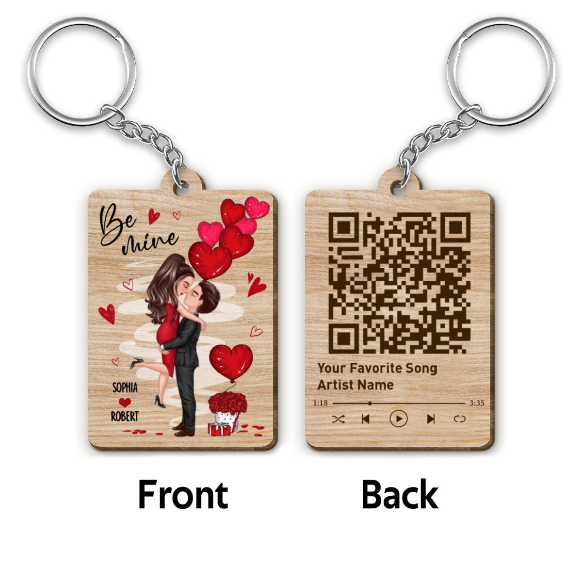Be Mine Doll Couple Hugging Kissing Favorite Song QR Code Personalized Wooden Keychain