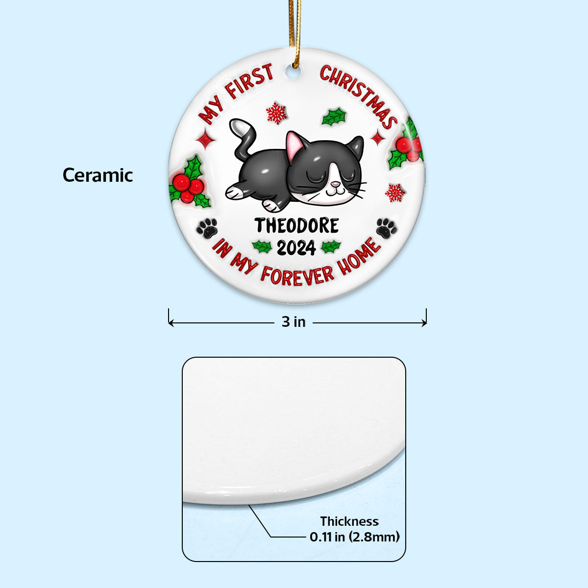 First Christmas In My Forever Home 3D Inflated Cat Lover Personalized Ceramic Ornament