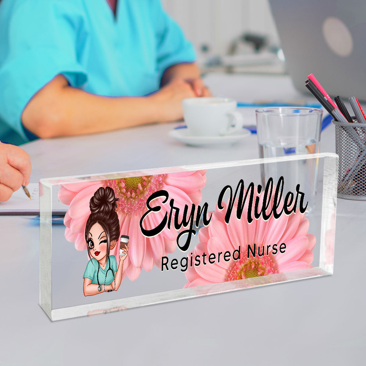 Nurse Doctor Floral Personalized Acrylic Desk Name Plate