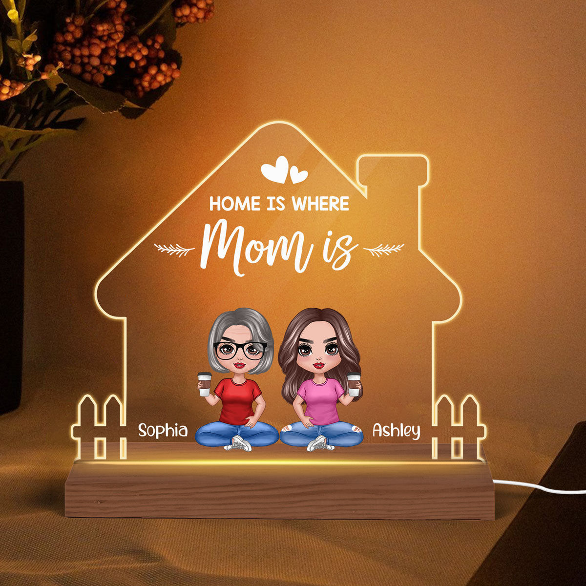Home Is Where Mom Is Mother’s Day Personalized House Shape Acrylic Plaque LED Night Light