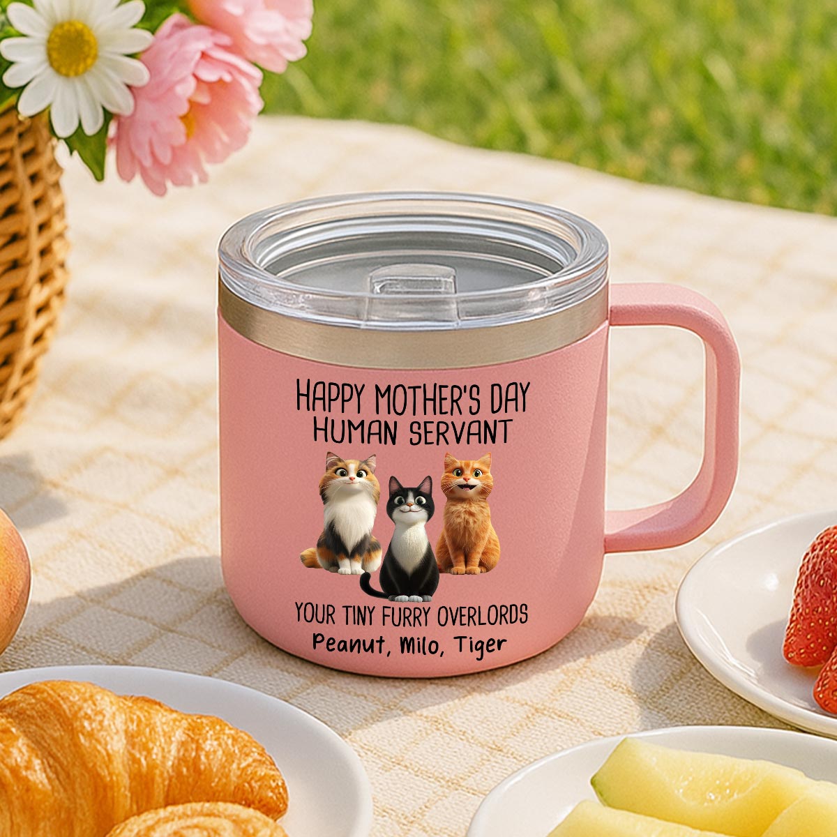 Happy Mother's Day Father's Day Human Servant Cartoon Funny Cats Personalized Stainless Steel Tumbler With Handle