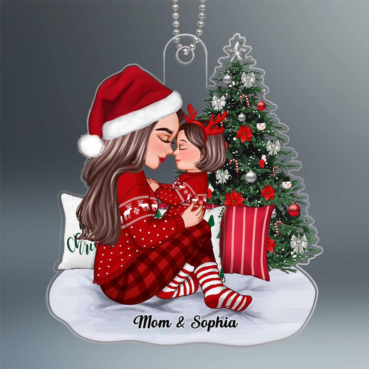 Grandma Mom Holding Kid Sitting On Christmas Bed Personalized Acrylic Ornament