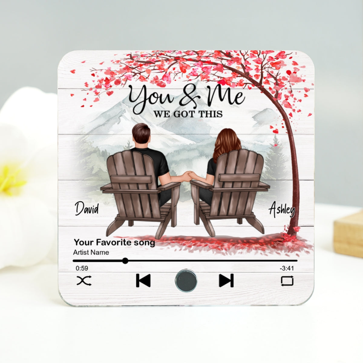 Romantic Mountain Landscape with Blossom Tree Couple Sitting Back View Personalized Music Magnet