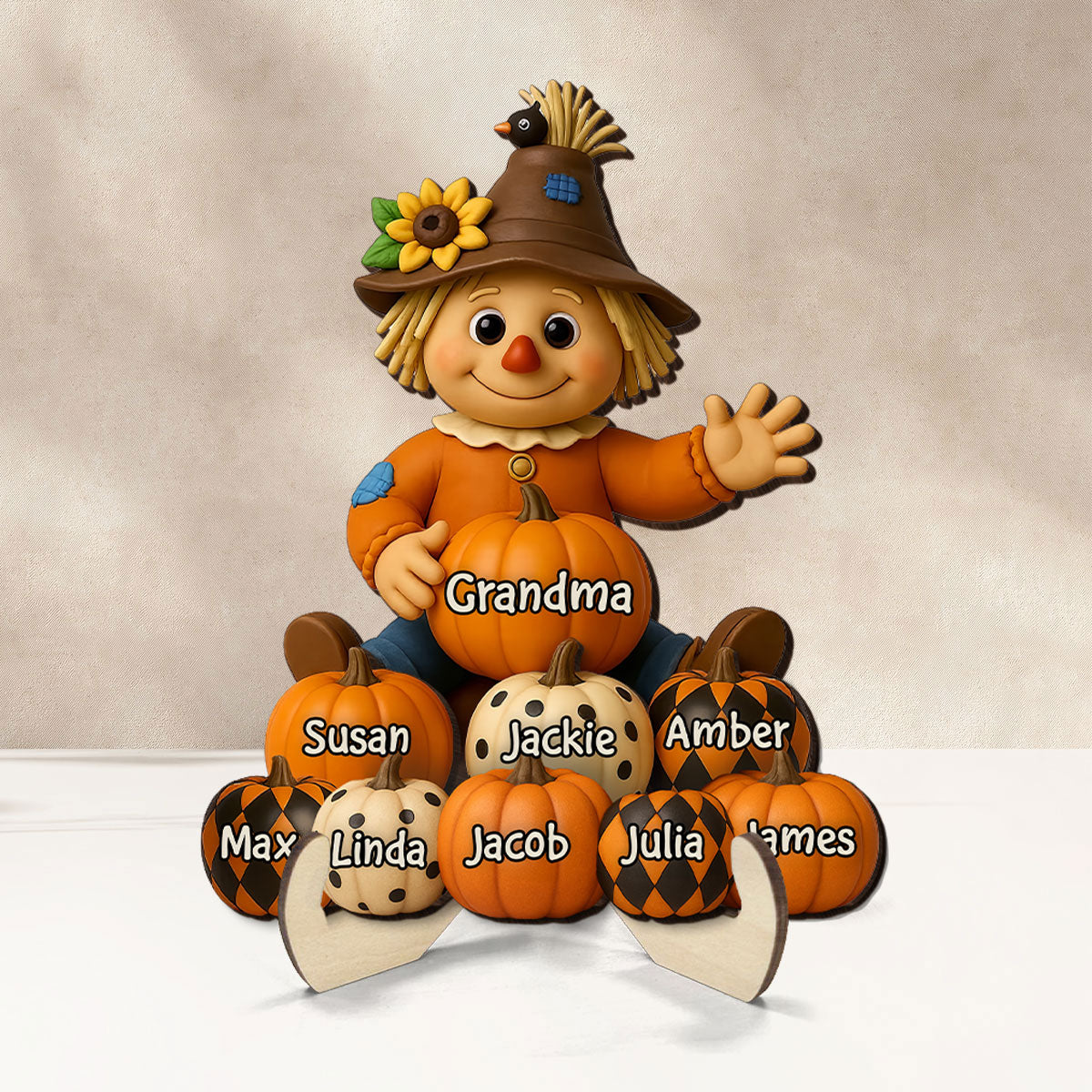 Fall Season Grandma Scarecrow Grandkids Pumpkins 3D Effect Personalized 2-Layer Wooden Plaque
