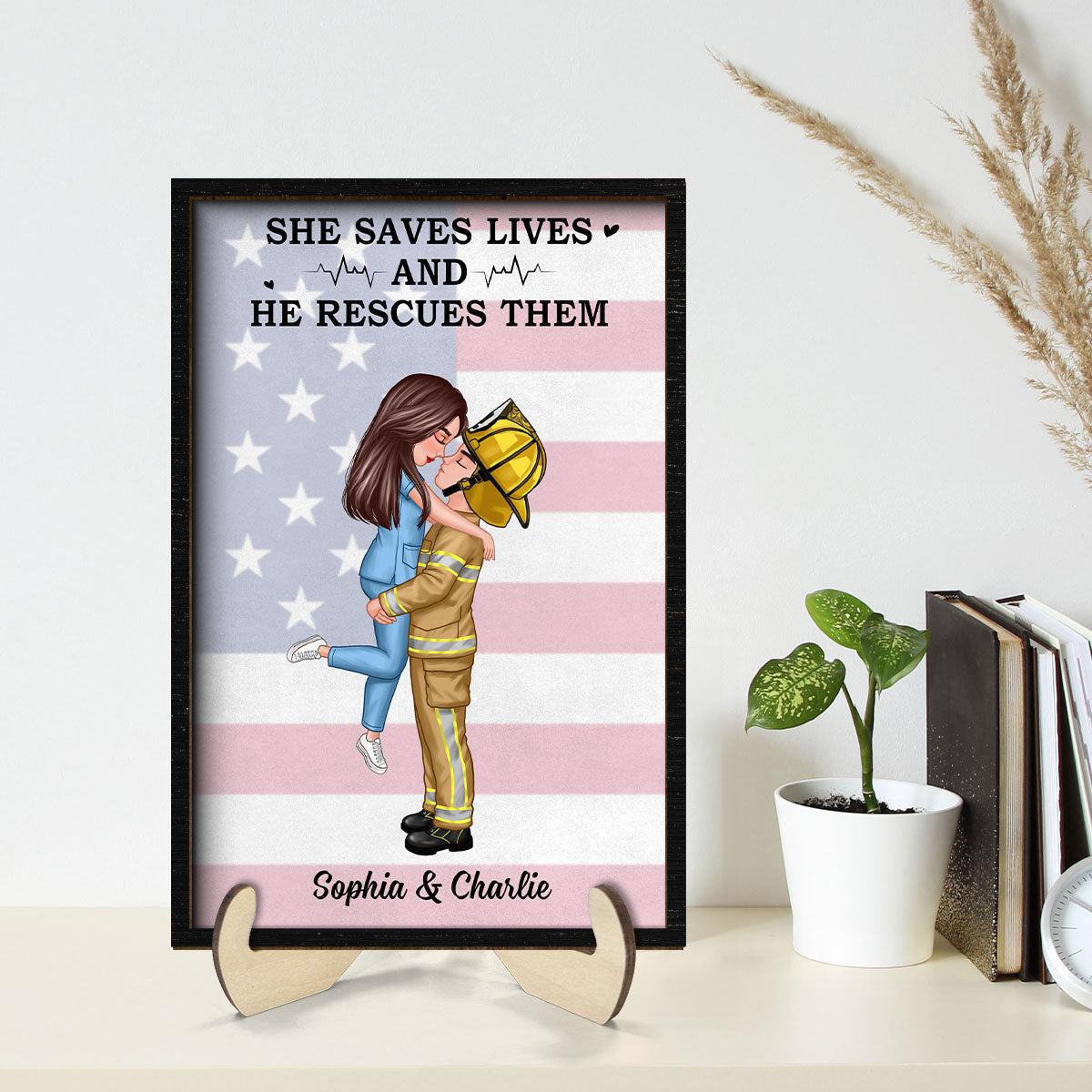 Nation Flag Couple Valentine‘s Day Gifts by Occupation Gift For Her Gift For Him Firefighter, Nurse, Police Officer Personalized 2-Layer Wooden Plaque