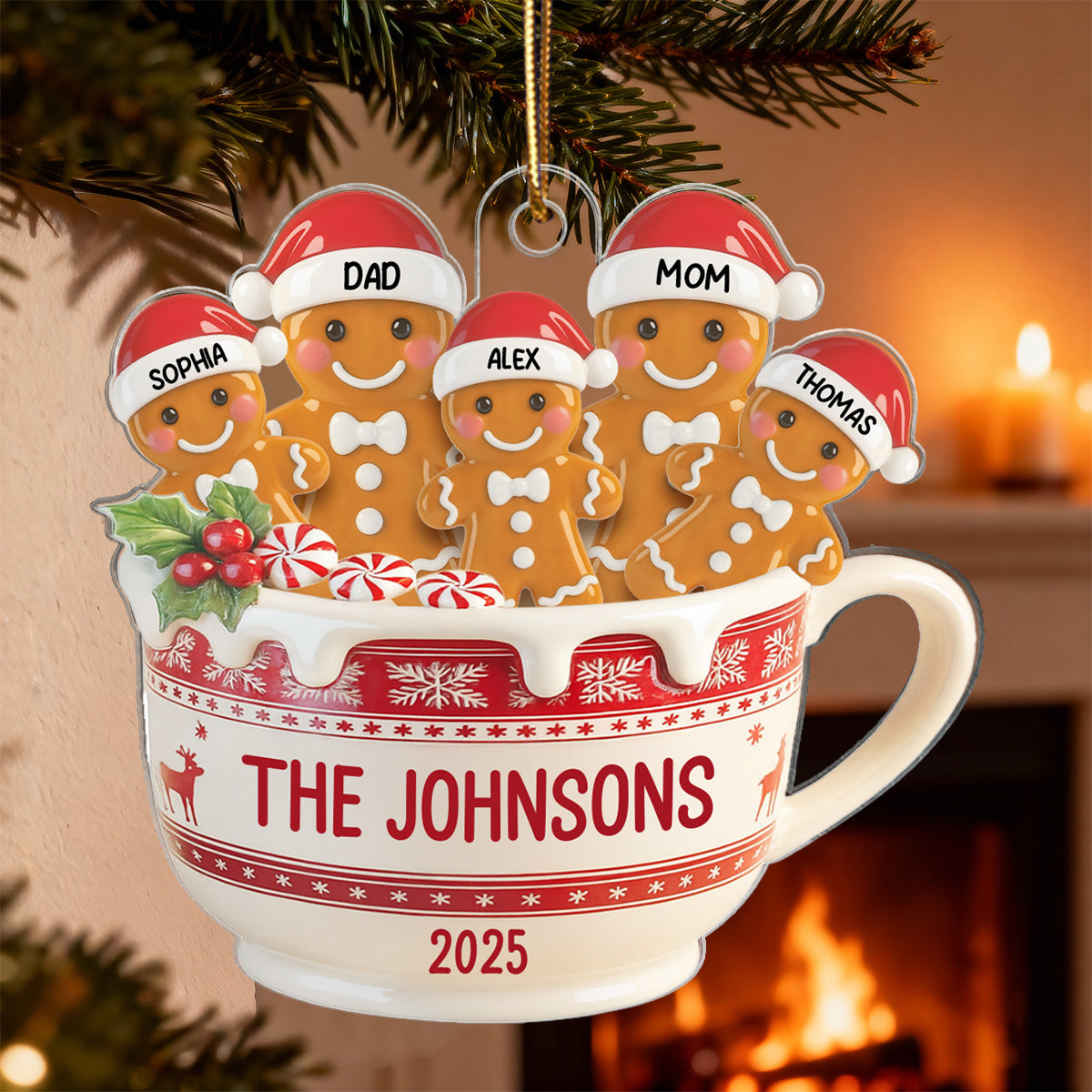 3D Effect Gingerbread Family In Hot Cocoa - Personalized Acrylic Ornament