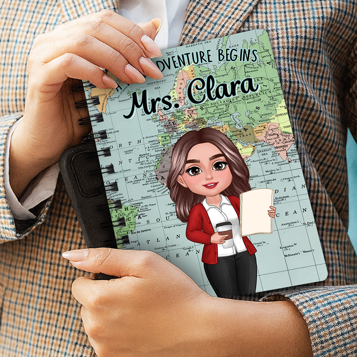 World Map Adventure Themed Teacher Book Of Notes Personalized Spiral Notebook Journal, Back To School Stationery