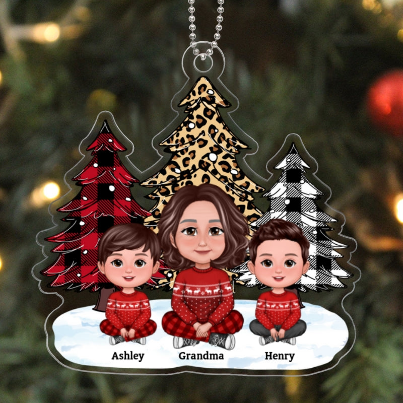 Leopard Checkered Pattern Christmas Tree Grandma Grandkids Personalized Acrylic Ornament