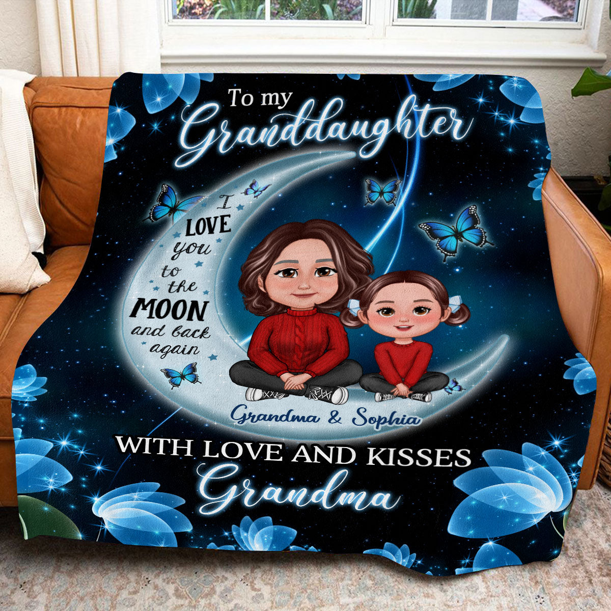 To My Grandson Granddaughter Crossed Legs Blue Moon Butterflies Personalized Fleece Blanket