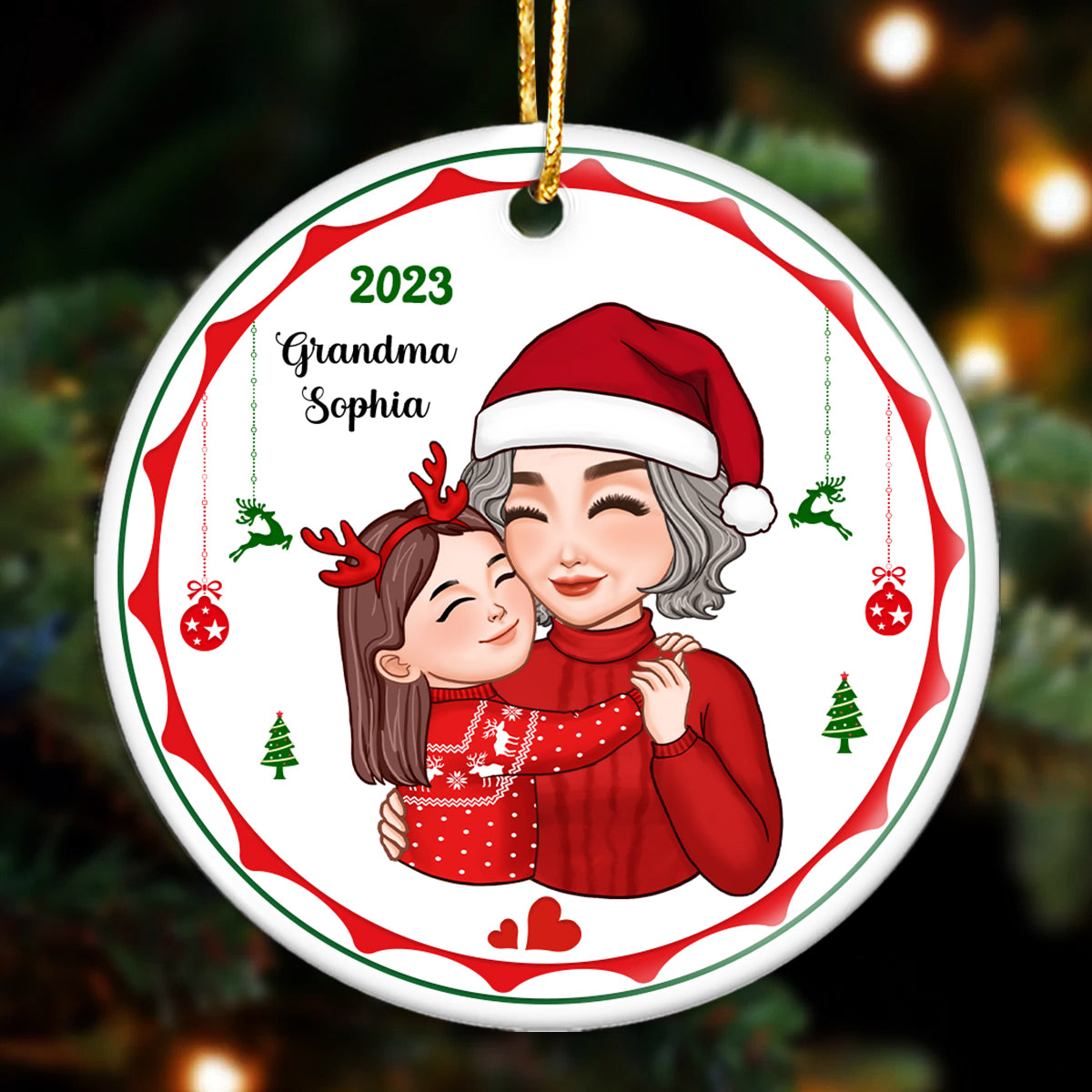 Cute Grandkid Hugging Grandma Christmas Gift Personalized Circle Ornament