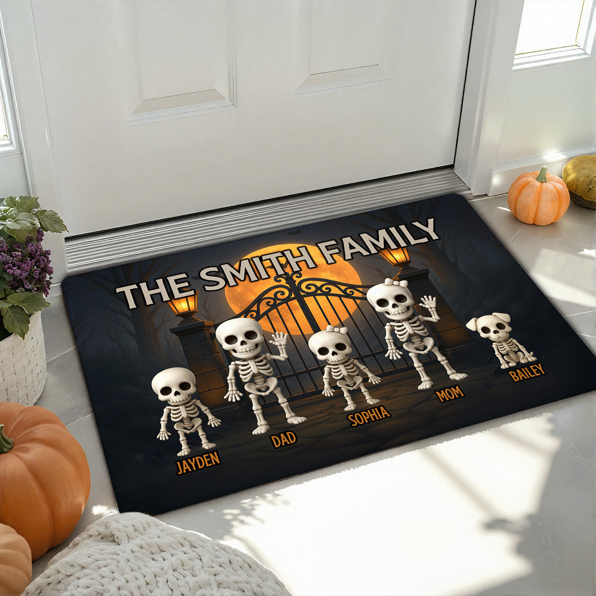 3D Effect Halloween Spooky Theme Funny Skeleton Family Personalized Doormat