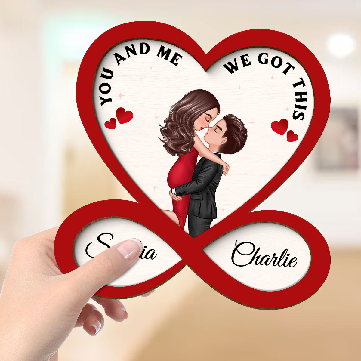 Couple Hugging Kissing Heart Infinity Red Theme Personalized 2-layer Wooden Plaque