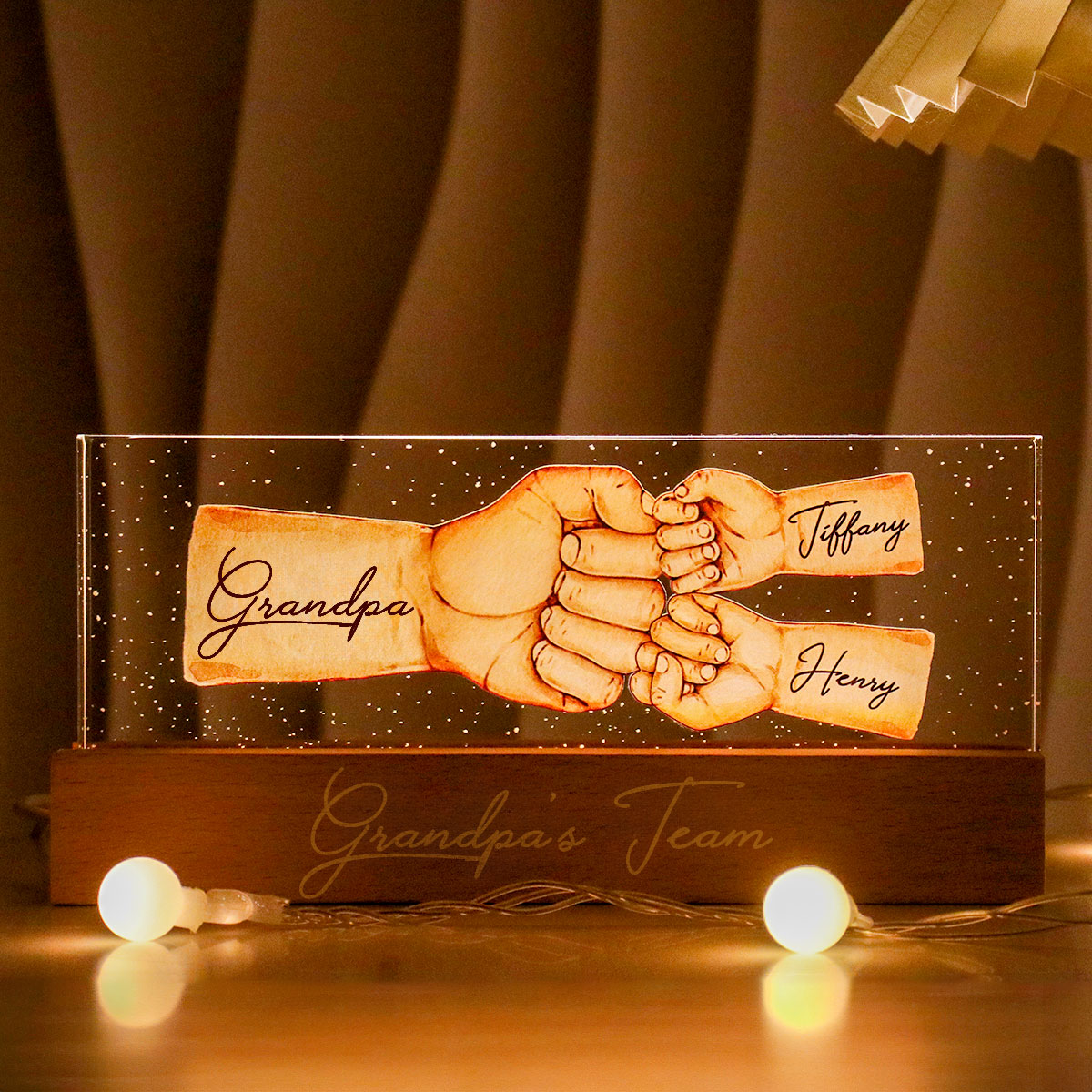 Grandpa's Team Fist Bump Personalized Acrylic LED Night Light, Father's Day Gift For Grandpa
