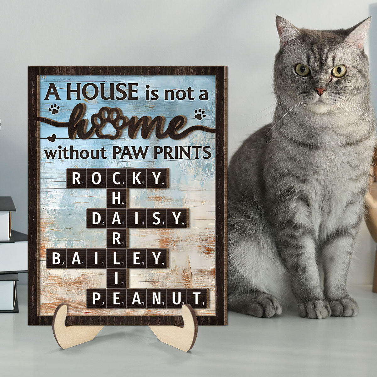 Home With Paw Prints Pet Crossword Puzzle Art Personalized 2-Layer Wooden Plaque