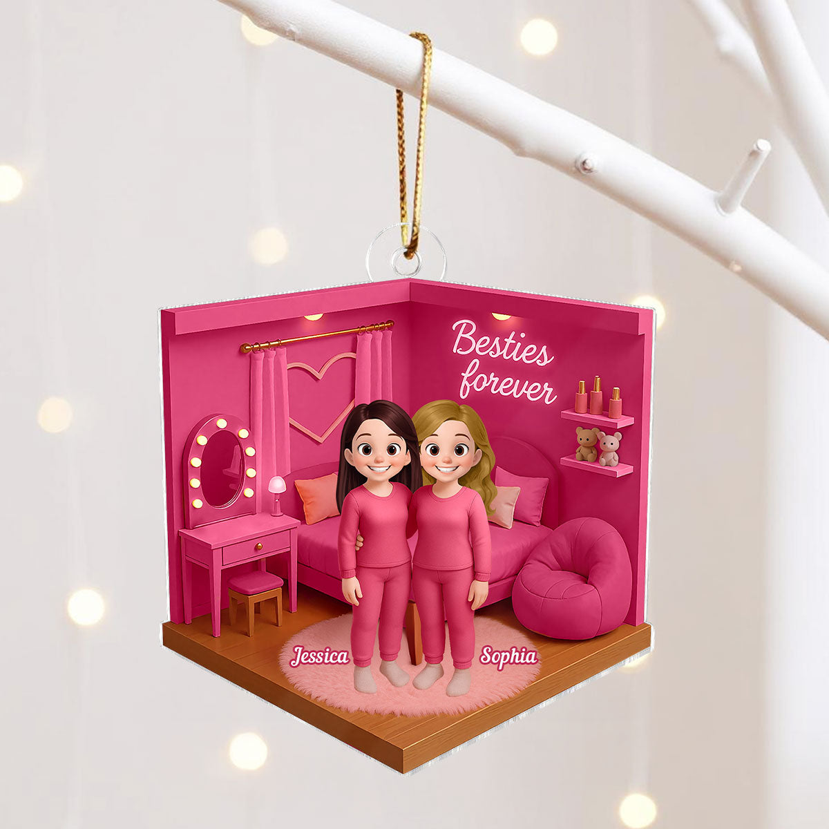3D Effect Besties Pink Tone Diorama Dream Dollhouse Personalized Flat Acrylic Ornament, Keepsake