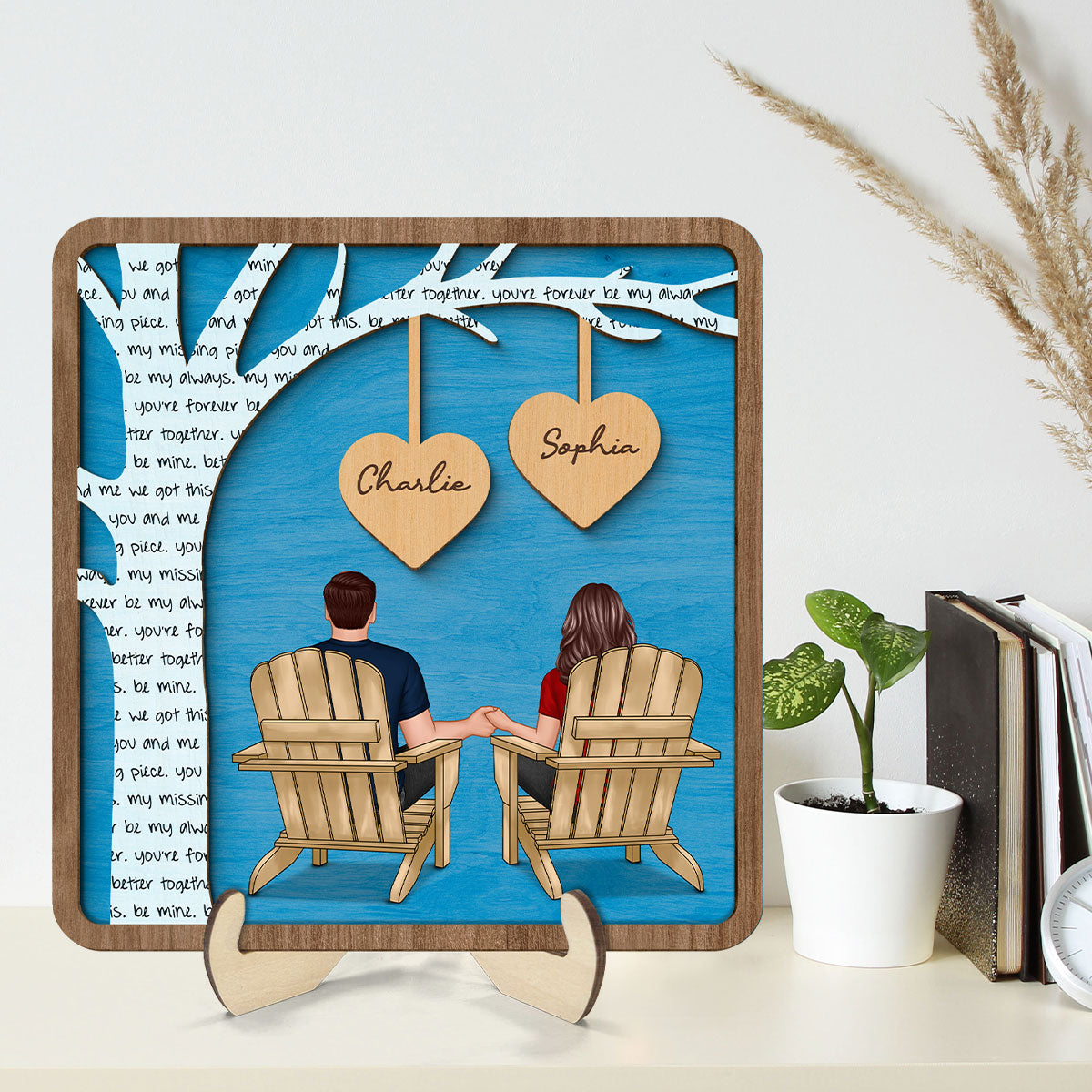 Couple Sitting Back View Under Text Tree Personalized 2-layer Wooden Plaque,  Gift For Him, For Her