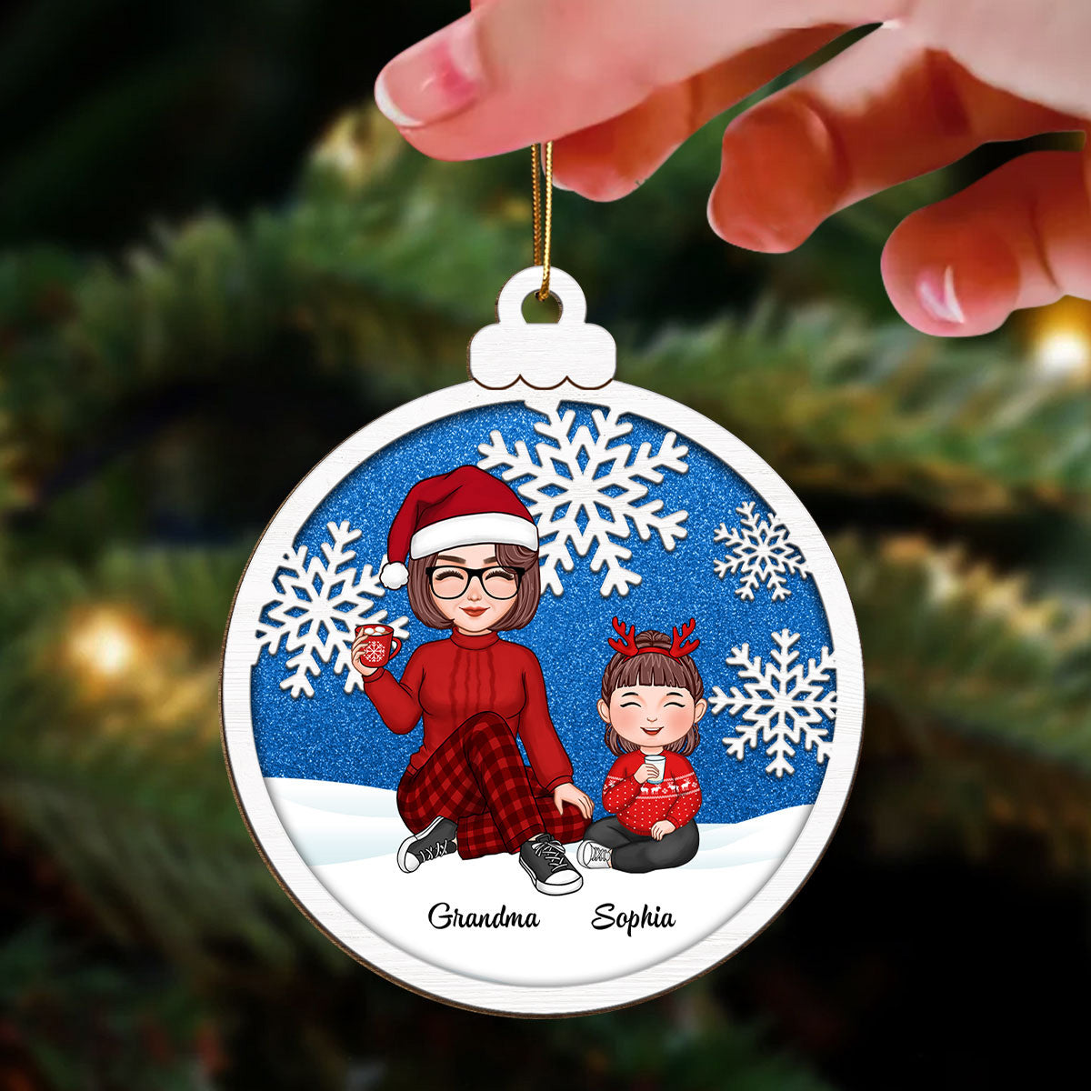 Snowflake Cute Grandma & Grandkid Christmas Gift For Granddaughter Grandson Personalized Wooden Ornament