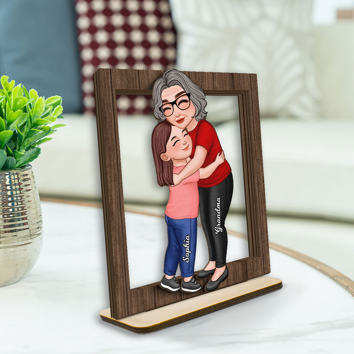 Grandma & Grandkid Hugging Frame Personalized 2-Layer Standing Wooden Plaque