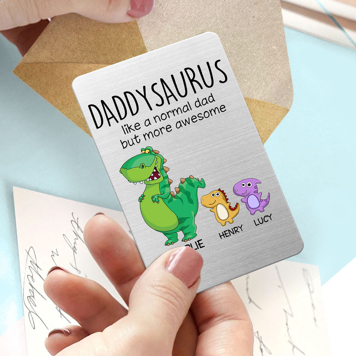 Grandpasaurus And Kids Personalized Metal Wallet Card