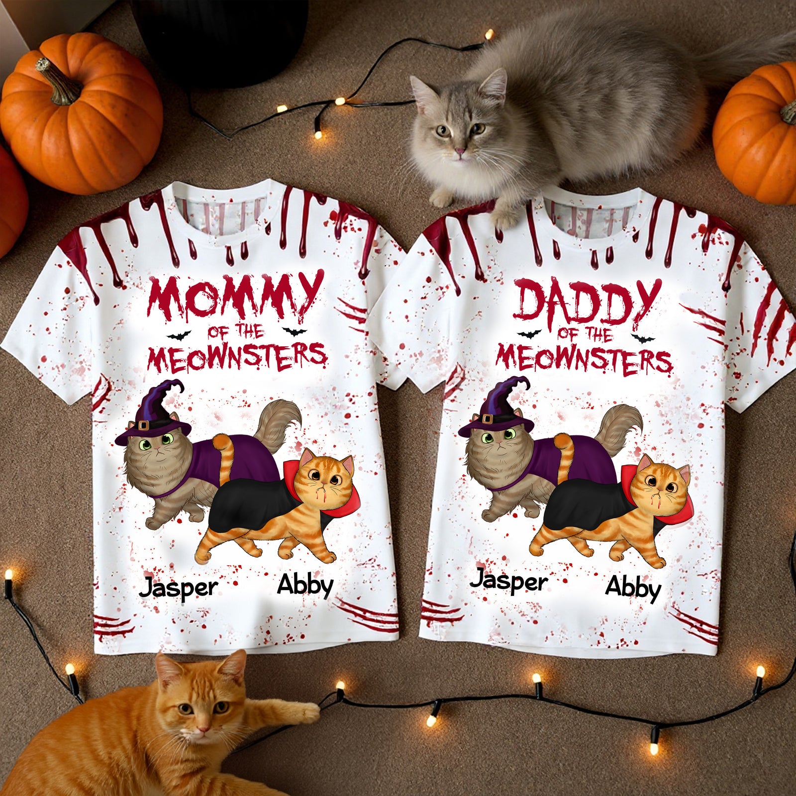 Halloween Mommy Daddy Of The Meownsters Walking Cats Personalized 3D Shirt