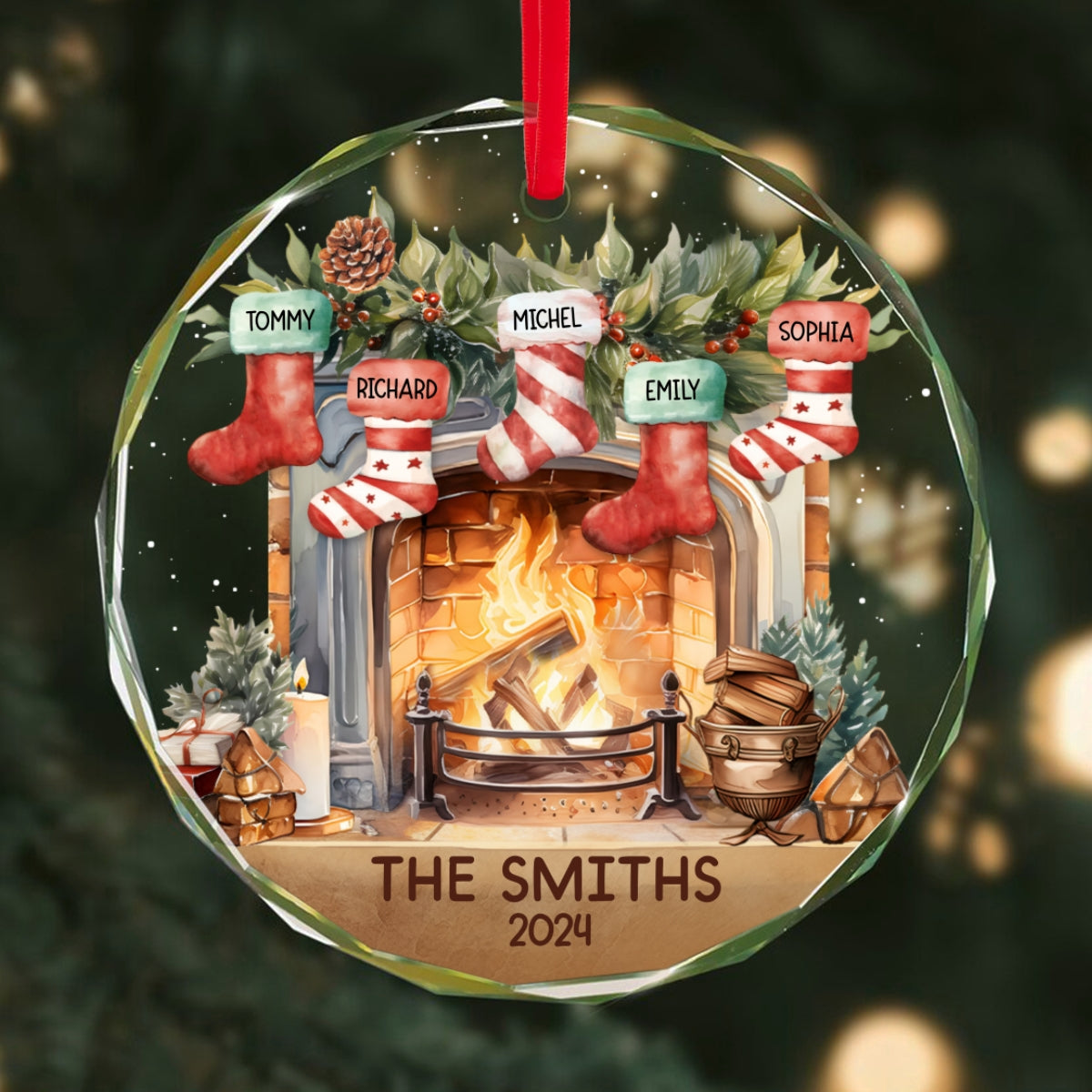 Vintage Christmas Stockings Fireplace Family Names Personalized Glass Ornament, Christmas Gift For Family