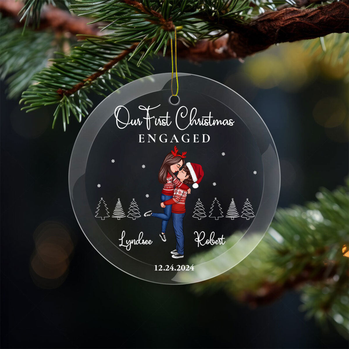 Our First Christmas Engaged Married, Newly Engaged Married Couple Personalized Glass Ornament