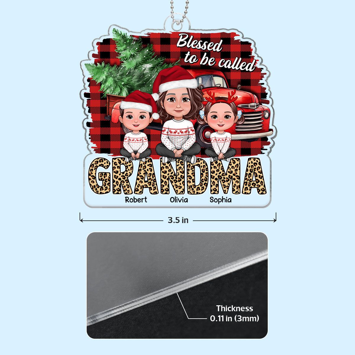 Grandma Grandkids Crossed Legs Leopard Text Checkered Pattern Background Personalized Acrylic Ornament